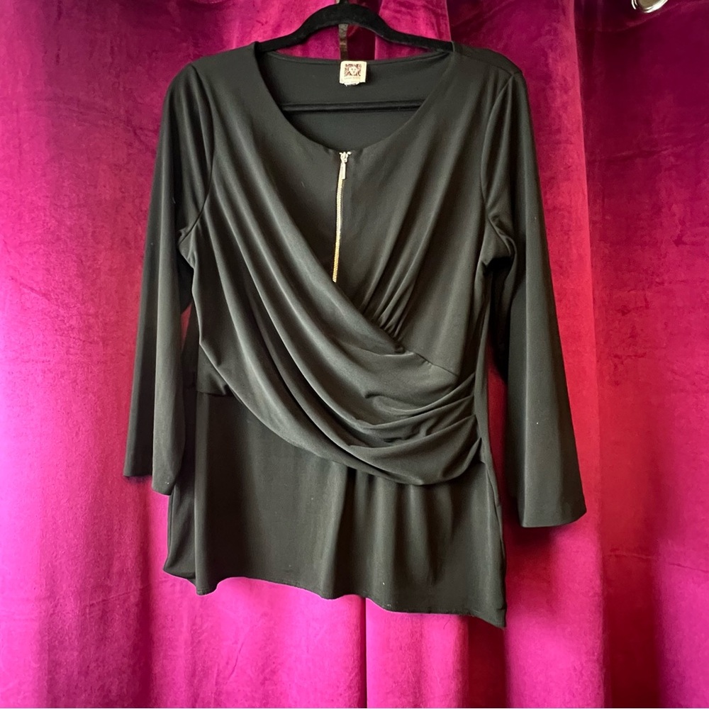 Anne Klein Black Drape Blouse with Gold Zipper